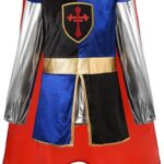 Déguisement de chevalier enfant : tunique bleue et rouge à blason, cagoule argentée, cape et couvre-bottes