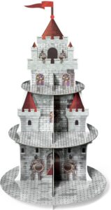 Présentoir à cupcakes en carton en forme de tour de château fort pour un goûter digne d'un banquet royal