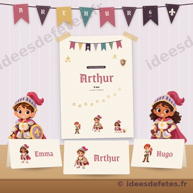 Décoration d’anniversaire chevalier à imprimer : guirlande au prénom, affiche de bienvenue et marque-places sur la table