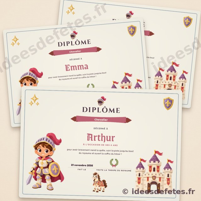 Diplôme de Chevalier personnalisé à imprimer, au prénom de chaque enfant, avec le château et le petit chevalier