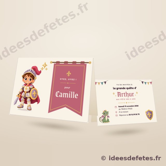 Invitation d’anniversaire chevalier à imprimer, pliée en deux : la bannière au prénom de l’invité en couverture, la date et le lieu au verso