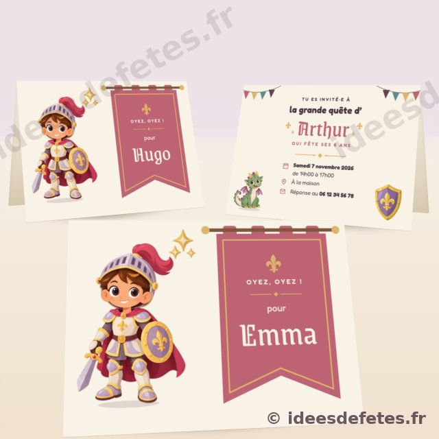 Invitations d’anniversaire chevalier à imprimer : la bannière à fleur de lys, le petit chevalier et le prénom de chaque invité