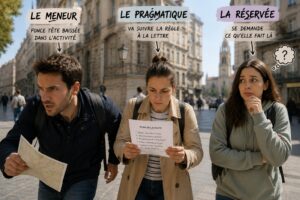 Trois profils de joueurs de jeu de piste en ville : le meneur, le pragmatique et la réservée, plan en main
