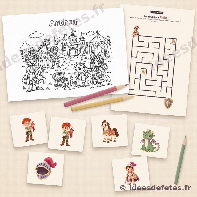 Jeux d’anniversaire chevalier à imprimer : coloriage au prénom de l’enfant, labyrinthe et cartes de memory