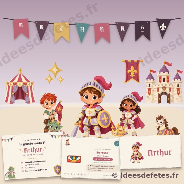 Kit d’anniversaire chevalier personnalisé à imprimer : guirlande au prénom, invitation, carte de chasse au trésor, marque-places et château