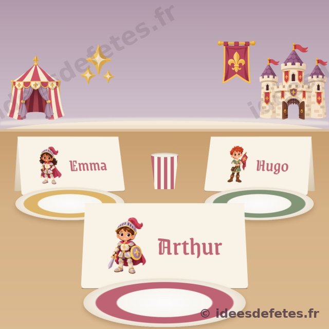 Marque-places chevalier à imprimer : une carte au prénom de chaque enfant, debout derrière son assiette