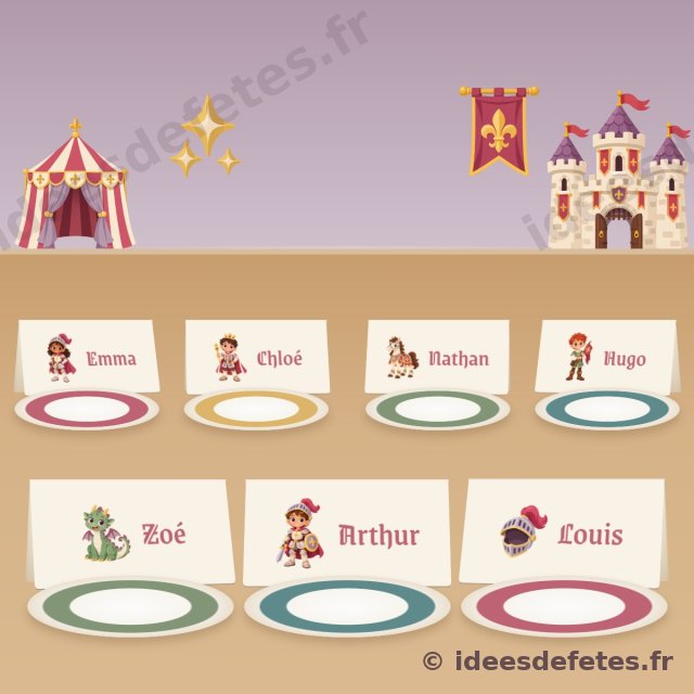 Porte-prénoms chevalier à imprimer : sept cartes au prénom des invités sur la table du banquet