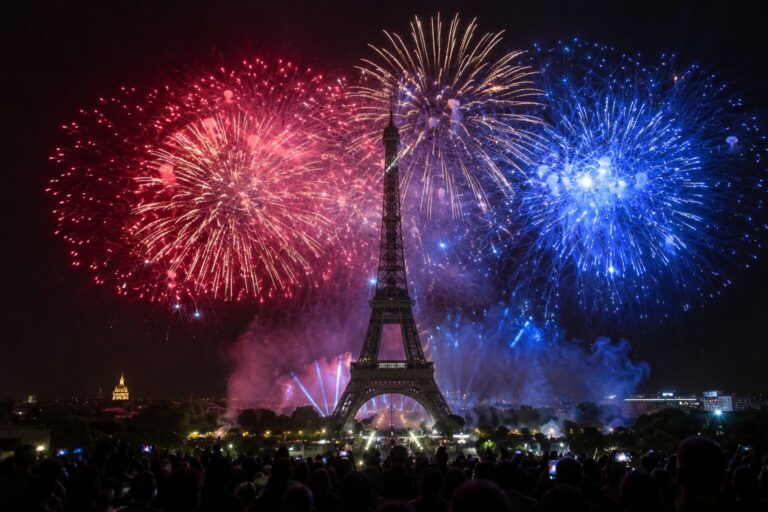 Feu d'artifice du 14 Juillet illuminant la tour Eiffel de bleu, blanc et rouge au-dessus de la foule