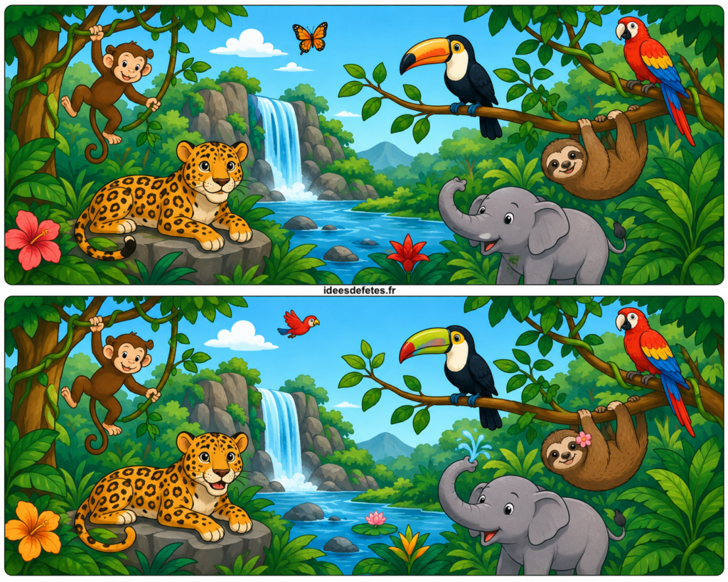 Jeu des 7 différences à imprimer : la jungle exotique