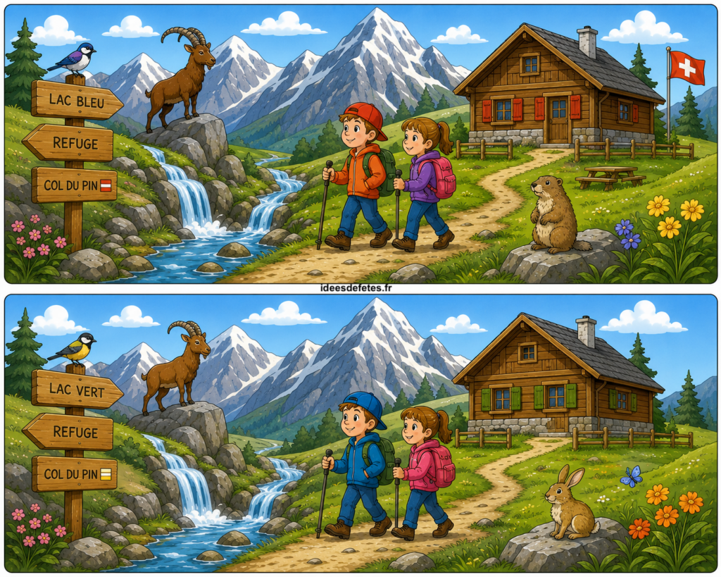 Jeu des 7 différences à imprimer : la randonnée en montagne