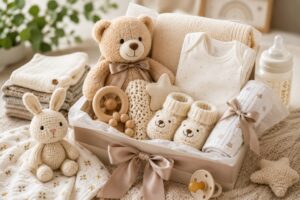 Coffret de naissance beige garni d'un ours en peluche, d'un body, de chaussons tricotés et d'un doudou lapin
