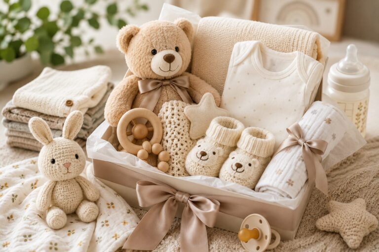 Coffret de naissance beige garni d'un ours en peluche, d'un body, de chaussons tricotés et d'un doudou lapin