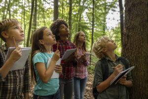 Groupe d'enfants carnet à la main, le nez levé vers la cime des arbres lors d'une balade en forêt