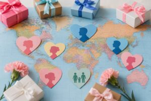 Cœurs en papier aux silhouettes de mère et de père posés sur une carte du monde, entre cadeaux et œillets roses