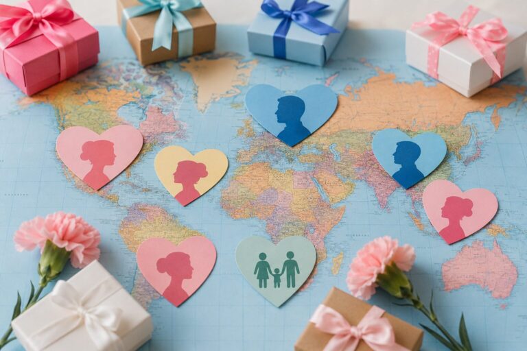Cœurs en papier aux silhouettes de mère et de père posés sur une carte du monde, entre cadeaux et œillets roses
