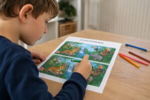 Jeu des différences à imprimer : garçon comparant deux scènes de jungle avec tigres et toucans