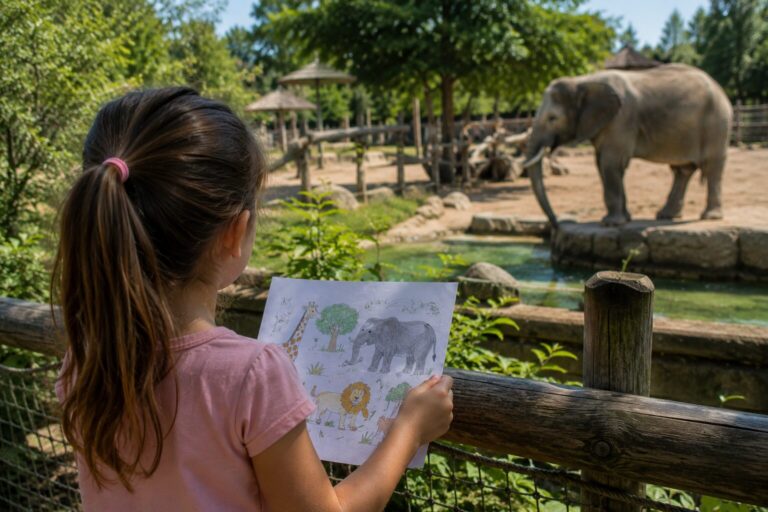 Fillette observant un éléphant au zoo, fiche de jeu à la main : une activité pour occuper l'enfant pendant la visite