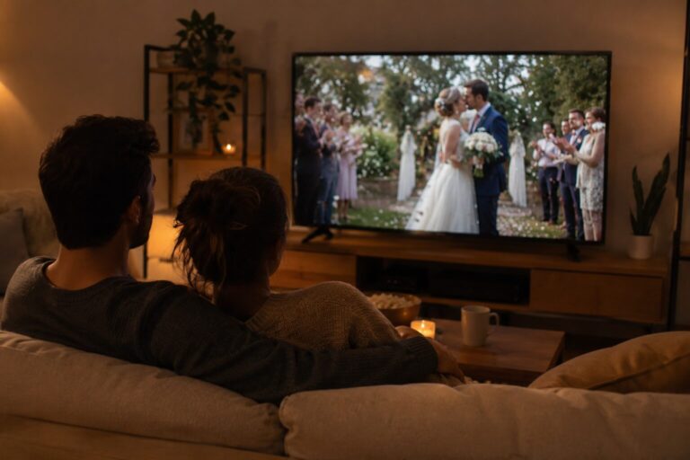 Couple blotti sur son canapé devant un film de mariage diffusé à la télévision, ambiance cosy du soir