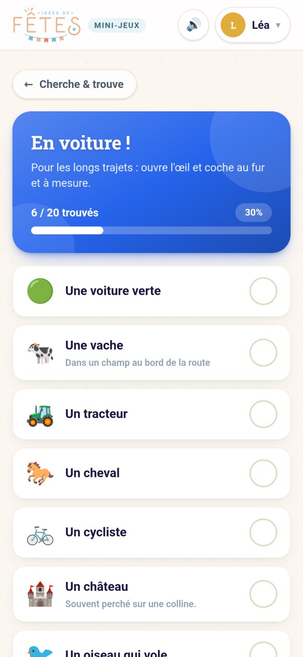 Application Idées de Fêtes sur téléphone : jeu En voiture !, 6 éléments sur 20 déjà repérés pendant le trajet