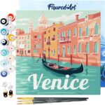 Peinture au numéro Venise : gondole sur le Grand Canal, pots de couleurs et pinceaux fournis