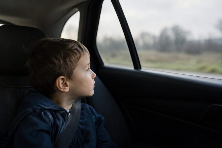 Enfant songeur regardant par la vitre à l'arrière d'une voiture, l'ennui qui pointe sur un long trajet