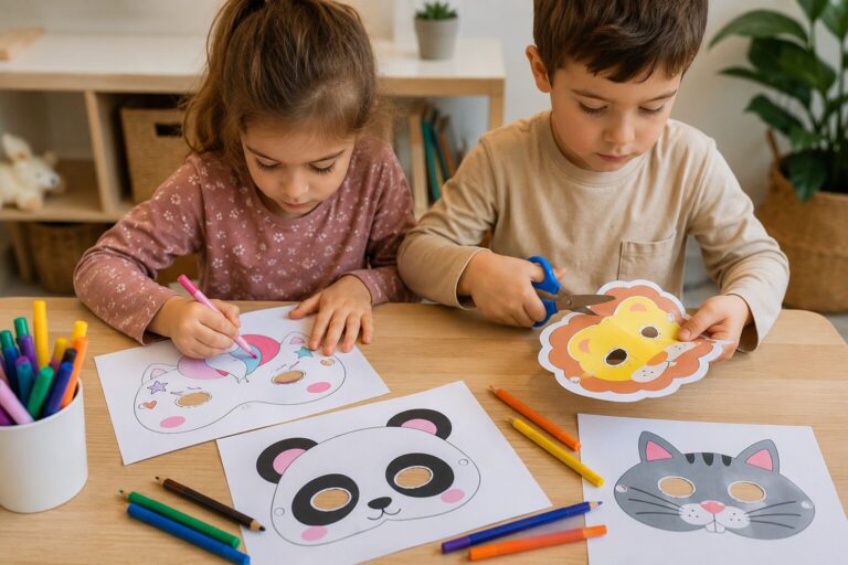 Masques animaux à imprimer : deux enfants coloriant et découpant un panda, un lion et un chat