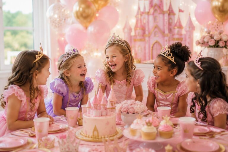 Cinq fillettes en robes roses et diadèmes soufflant les bougies d'un anniversaire princesse