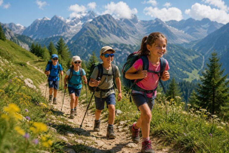 Quatre enfants sacs au dos remontant un sentier fleuri de montagne, sommets enneigés en toile de fond