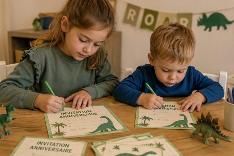 Deux enfants remplissant les invitations d'anniversaire dinosaure du kit personnalisé, sous une guirlande ROAR