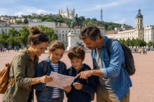 Famille avec une carte place Bellecour pendant un jeu de piste à Lyon, la basilique de Fourvière en fond