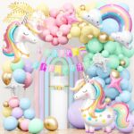 Arche de ballons pastel avec licornes, arcs-en-ciel et guirlande Happy Birthday pour un anniversaire licorne