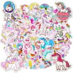 Grande collection de stickers licornes pastel aux poses et aux couleurs variées, étalés en tas