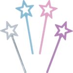 Quatre baguettes magiques en étoile pailletées argent, bleu, rose et violet pour déguisement