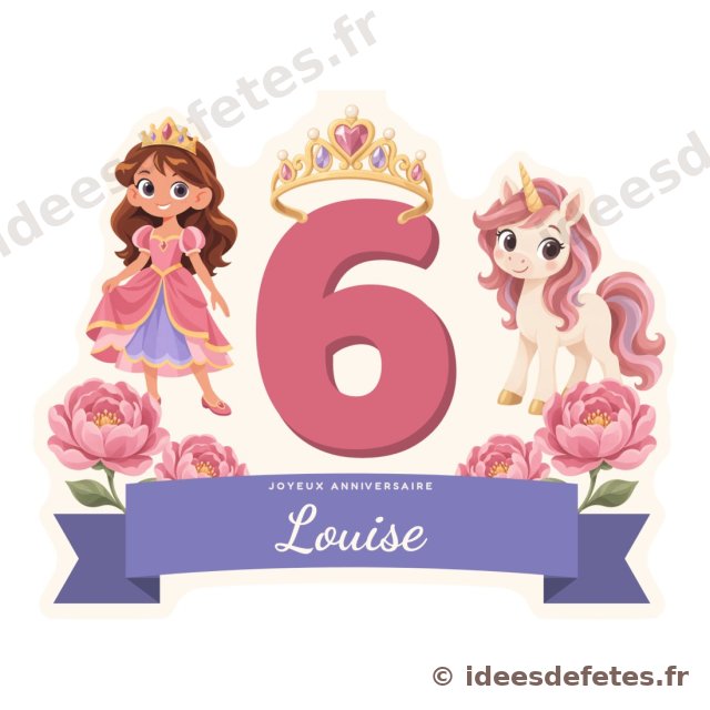 Cake topper princesse à imprimer : l’âge en grand coiffé d’un diadème, le prénom sur un ruban, la princesse et la licorne de chaque côté