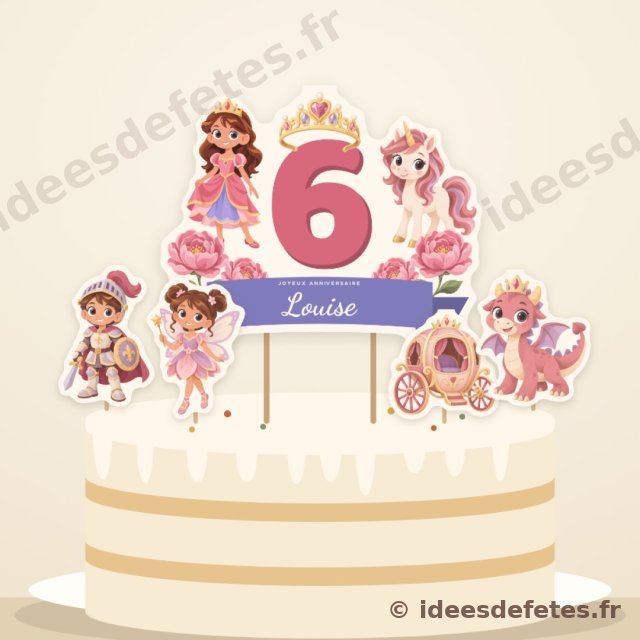 Cake topper princesse à imprimer, planté sur le gâteau d’anniversaire : l’âge sous le diadème, le prénom, la princesse et la licorne