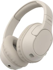 Casque audio sans fil Belkin beige à larges coussinets, allié des défis musicaux entre amis
