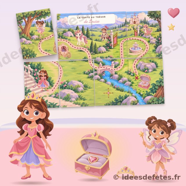Chasse au trésor princesse à imprimer : la carte du Royaume des Nuages à reconstituer, le coffret à bijoux, la princesse et la fée