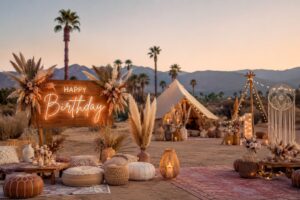 Décor d'anniversaire Coachella dans le désert : enseigne néon Happy Birthday, tente bohème et pampas au coucher du soleil