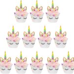 Caissettes et décors licorne pour cupcakes : corne dorée pailletée, oreilles, cils et fleurs