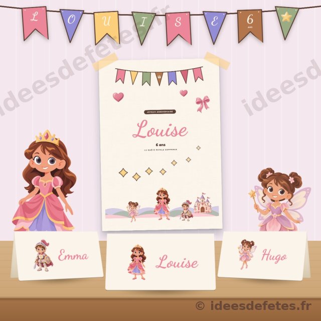 Décoration d’anniversaire princesse à imprimer : guirlande au prénom, affiche de bienvenue et marque-places sur la table