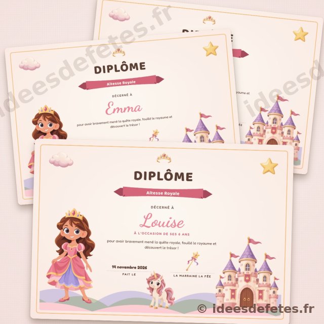 Diplôme d’Altesse Royale personnalisé à imprimer, au prénom de chaque enfant, avec la princesse et le château
