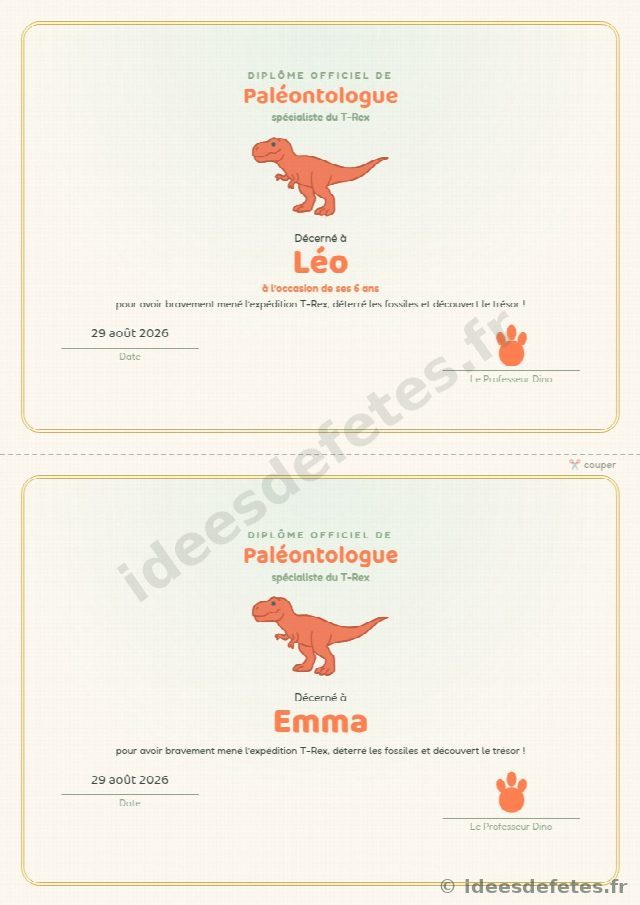 Diplôme de paléontologue personnalisé remis aux enfants à la fin de la chasse au trésor dinosaure