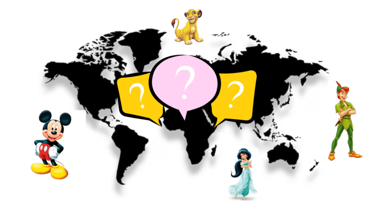 Personnages Disney à replacer sur une carte du monde : Mickey, Simba, Jasmine et Peter Pan