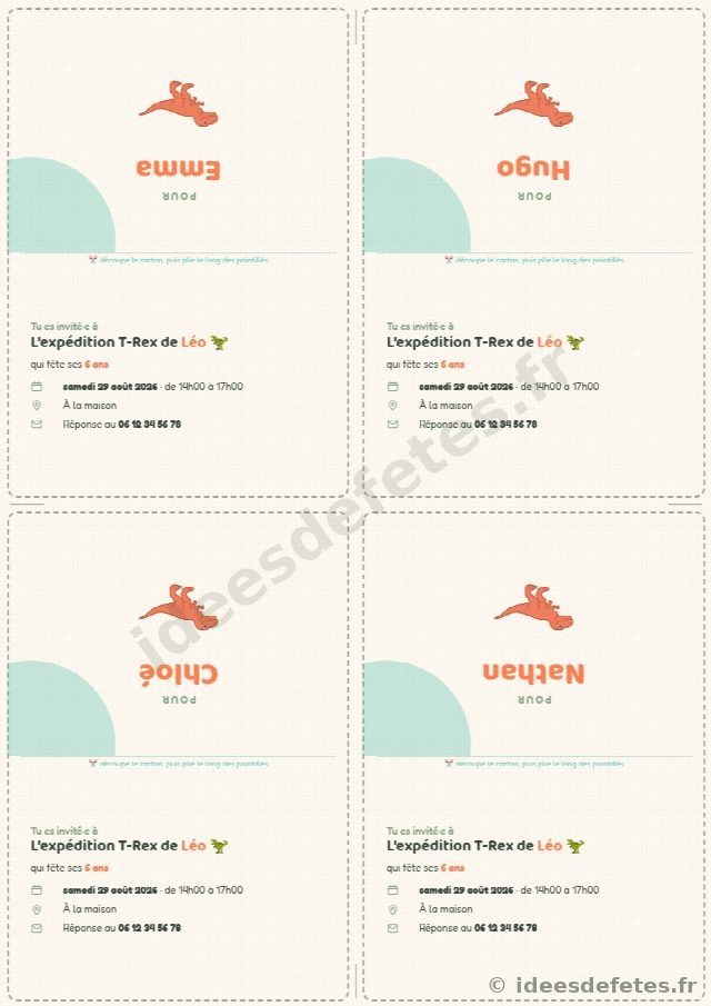 Invitations d'anniversaire dinosaure personnalisées avec le prénom de chaque invité