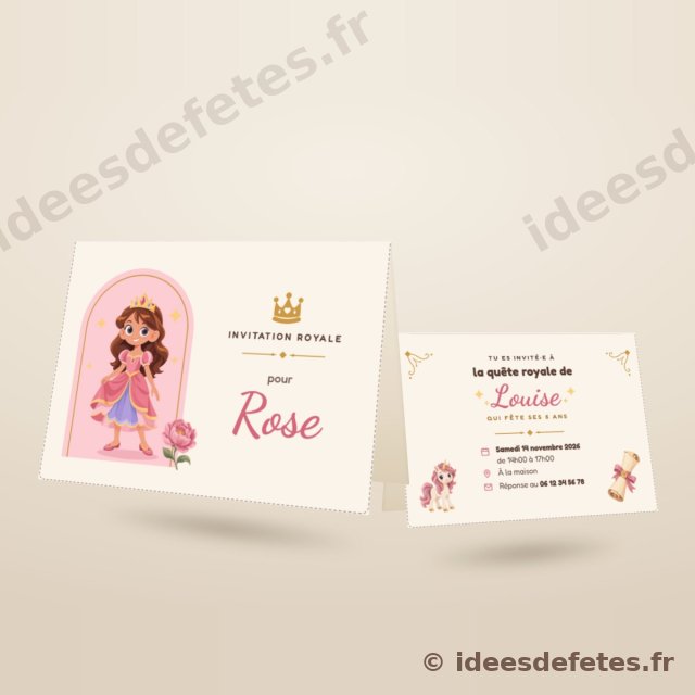 Invitation d’anniversaire princesse à imprimer, pliée en deux : le prénom de l’invité en couverture, la date et le lieu au verso