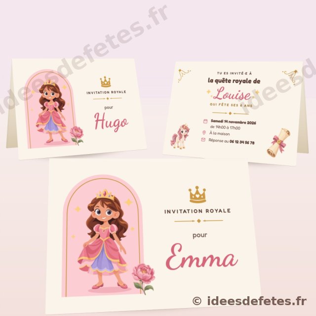 Invitations d’anniversaire princesse à imprimer : la princesse en couverture et le prénom de chaque invité