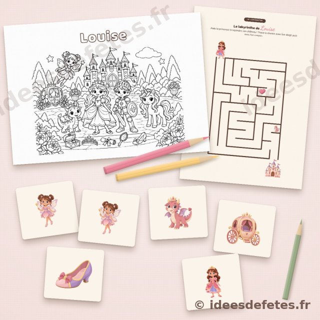 Jeux d’anniversaire princesse à imprimer : coloriage au prénom de l’enfant, labyrinthe et cartes de memory