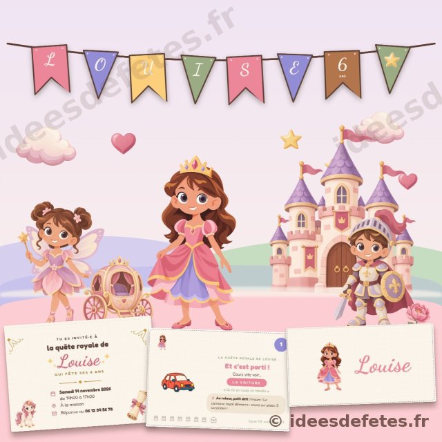 Kit d’anniversaire princesse personnalisé à imprimer : guirlande au prénom, invitation, carte de chasse au trésor, marque-place et château