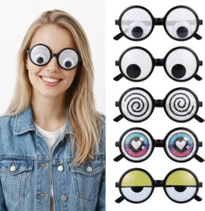Lunettes fun à yeux mobiles portées par une jeune femme, avec cinq modèles rigolos pour animer la soirée