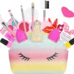Kit de maquillage enfant dans une trousse licorne arc-en-ciel : pinceaux, palettes, vernis et stickers